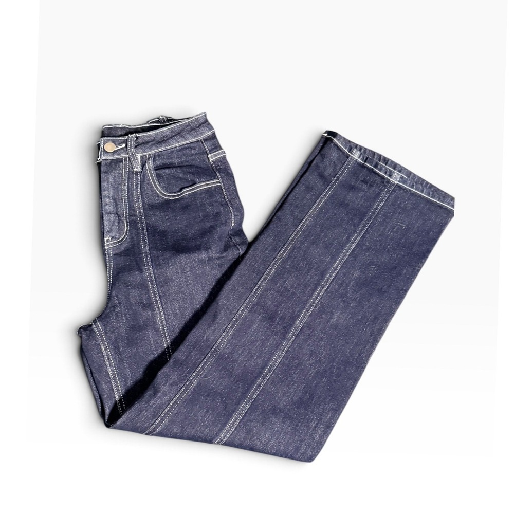 Commense Women High Waisted Wide Leg Contrast Stitch Indigo Pants XS OA250619003